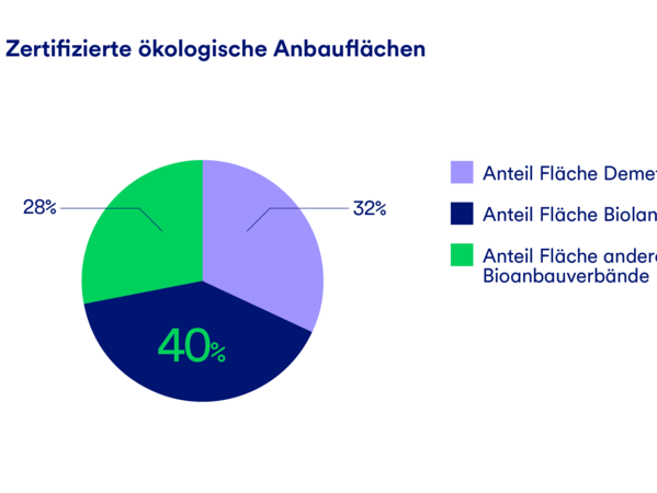 gls-bank-nachhaltigkeitsbericht-2022-ökologische-anbauflächen-demeter-bioland Eine Grafik, die die Anteile zertifizierter ökologischer Anbauflächen darstellt, aufgeteilt nach Demeter, Bioland und andere Bioanbauverbände.