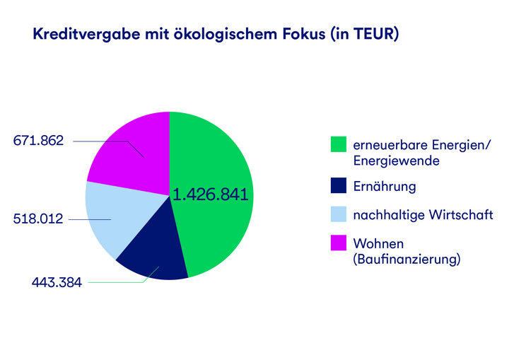 Ein Kreisdiagramm, das die Kreditvergabe mit ökologischem Fokus in Tausend Euro darstellt, aufgeteilt in die Branchen Wohnen (Baufinanzierungen), Erneuerbare Energien, Ernährung und nachhaltige Wirtschaft. 